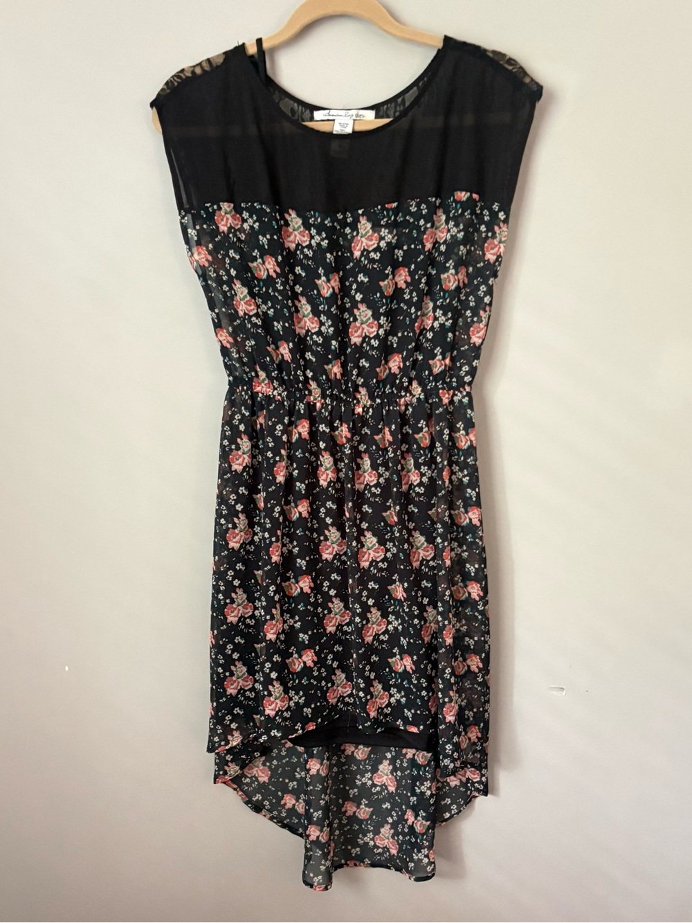 American Rag Layered Hi Low Black Lace Sheer Floral Print Dress Size M Romantic